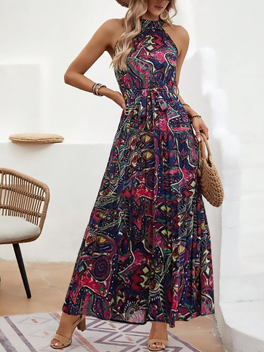 Damen Maxikleid Im Boho-Stil mit Hohem Kragen und Bindegürtel EB