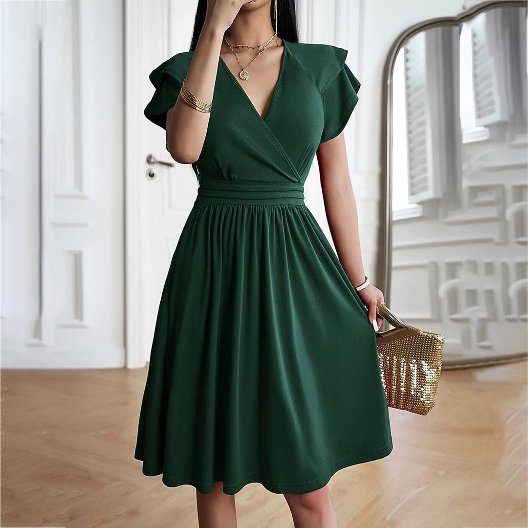 EB | V-Ausschnitt Einfarbig Kurzarmkleid Für Frauen