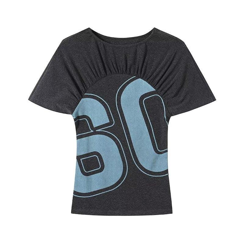 Damen lässiges Kurzarm-T-Shirt mit Raffung und grafischem Druck EB