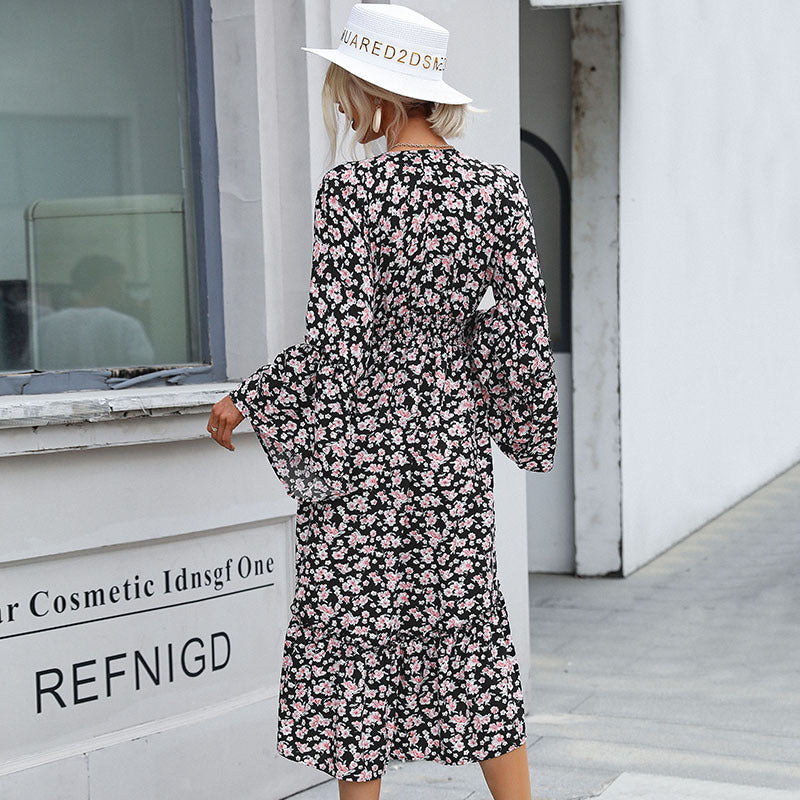 Damen Maxi-Kleid mit voluminösen Ärmeln und floralem Taillenbund EB