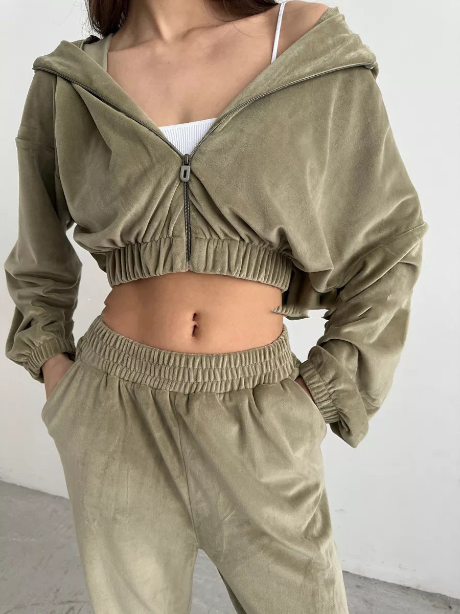 Damen Cropped Samt-Loungewear-Set mit kurzem Reißverschluss, elastischem Taillenbund und weiter Jogginghose EB