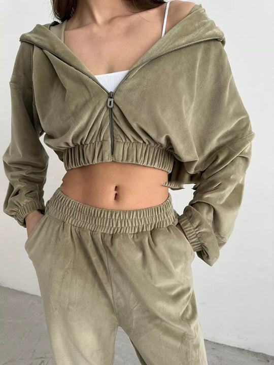 Damen Cropped Samt-Loungewear-Set mit kurzem Reißverschluss, elastischem Taillenbund und weiter Jogginghose EB