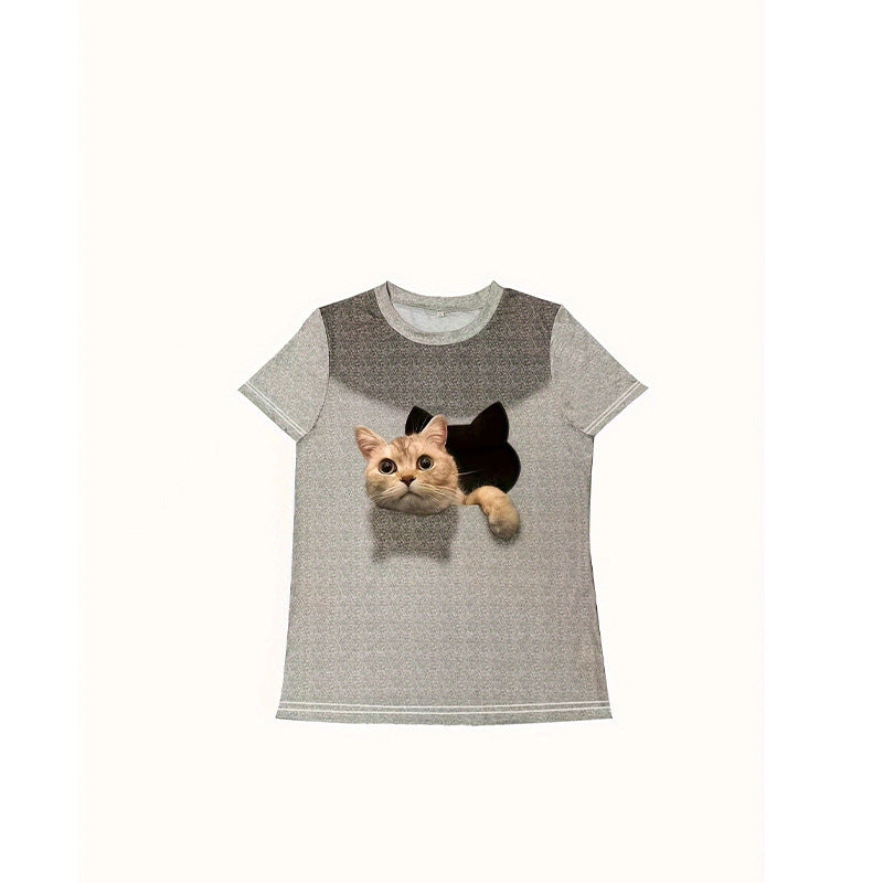 Damen T-Shirt mit 3D-Katzenmotiv und kreativem Rissdesign EB