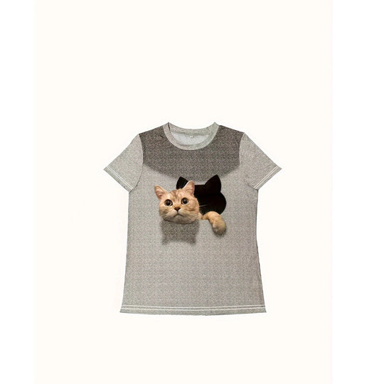 Damen T-Shirt mit 3D-Katzenmotiv und kreativem Rissdesign EB