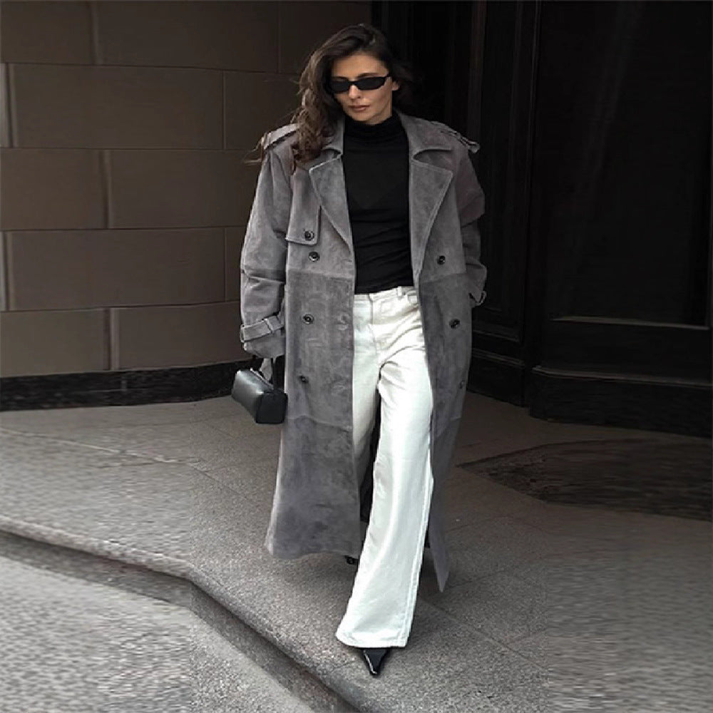 Damen Edler Suede-Trenchcoat mit breitem Kragen und praktischen Taschen EB