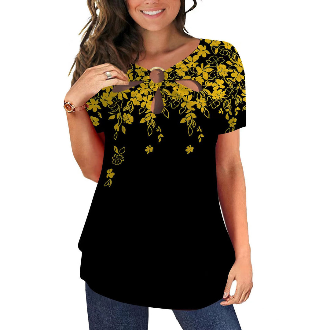 Damen elegantes Oberteil mit floralem Cut-Out-Design und glänzendem Ringeinsatz EB