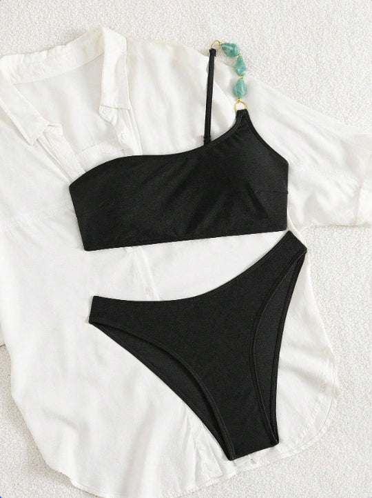 Damen One-Shoulder-Bikini-Set mit modischem Schmuckdetail EB