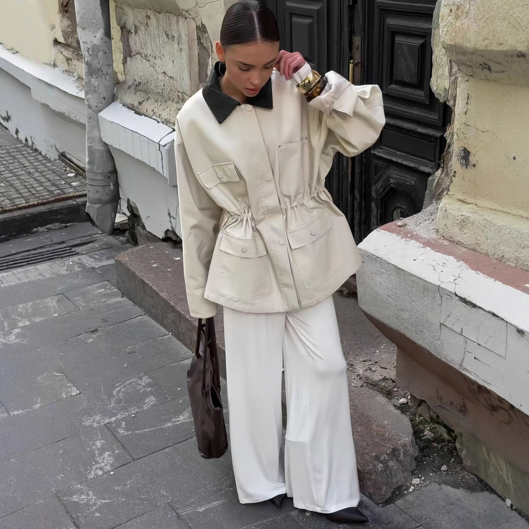 Damen Modische Oversized-Jacke mit elegantem Kragen und praktischen Taschen EB