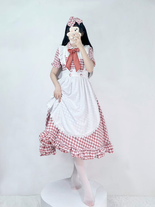 Damen nan vintage-inspiriertes Lolita-Kleid mit Karomuster Volants und abnehmbarer Schürze EB