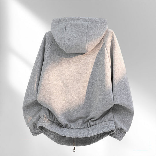 Damen lässiger Sweat-Bomber mit gesteppter Karofütterung in Kapuze und elastischem Saum EB