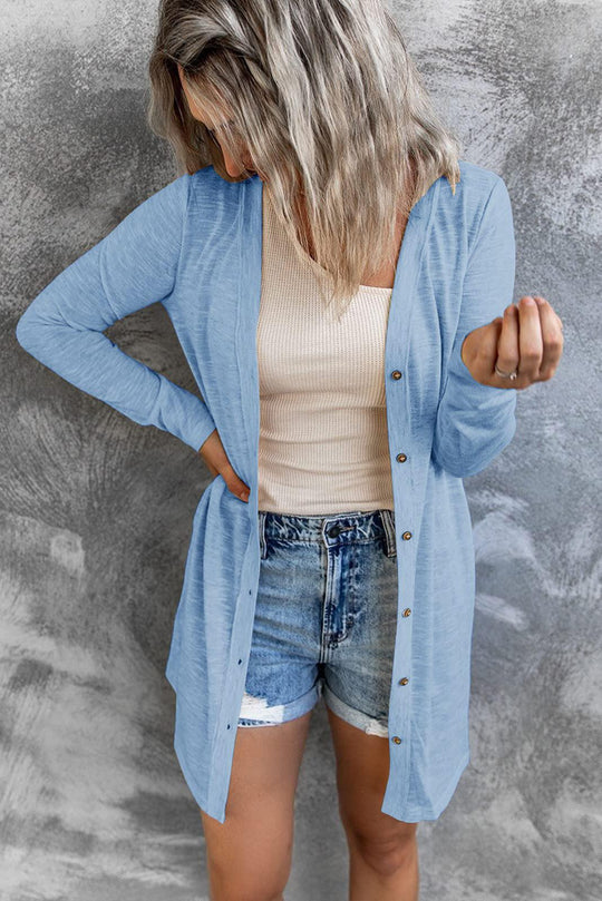 Damen Longline Cardigan mit umfassendem Knopfverschluss und elegantem Schnitt EB