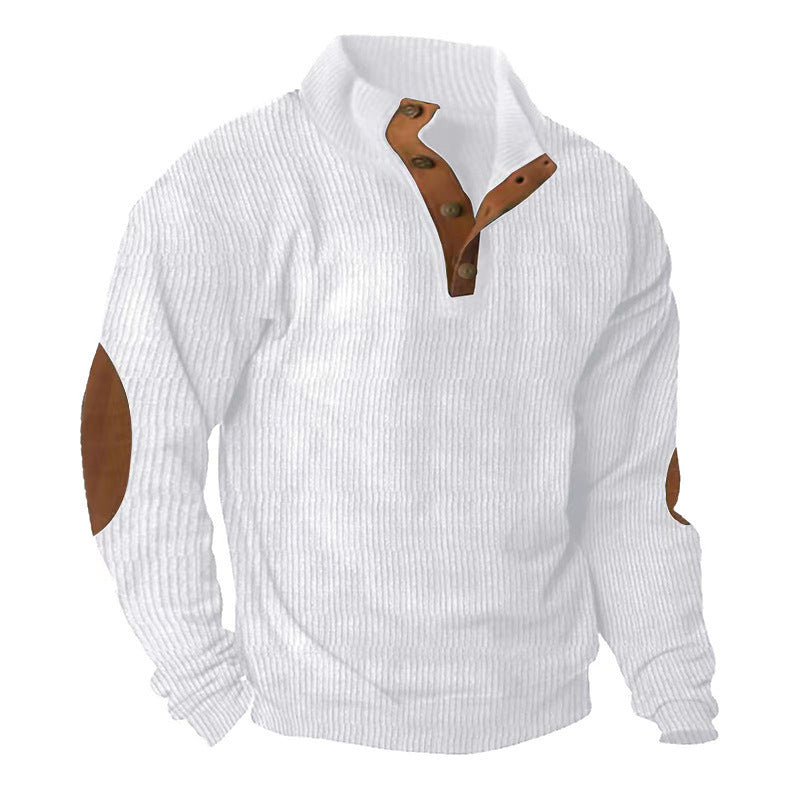 Herren nan grober Rippstrick-Pullover mit Stehkragen, Knopfleiste und markanten Ellenbogenpatches EB