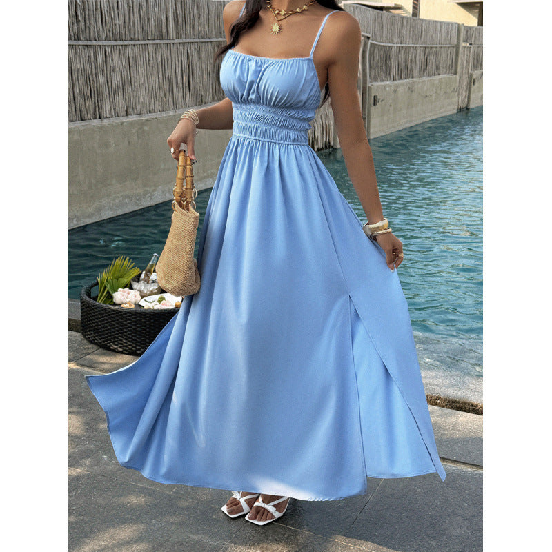 Damen Elegantes Maxikleid mit verstellbaren Spaghettiträgern und seitlichem Schlitz EB
