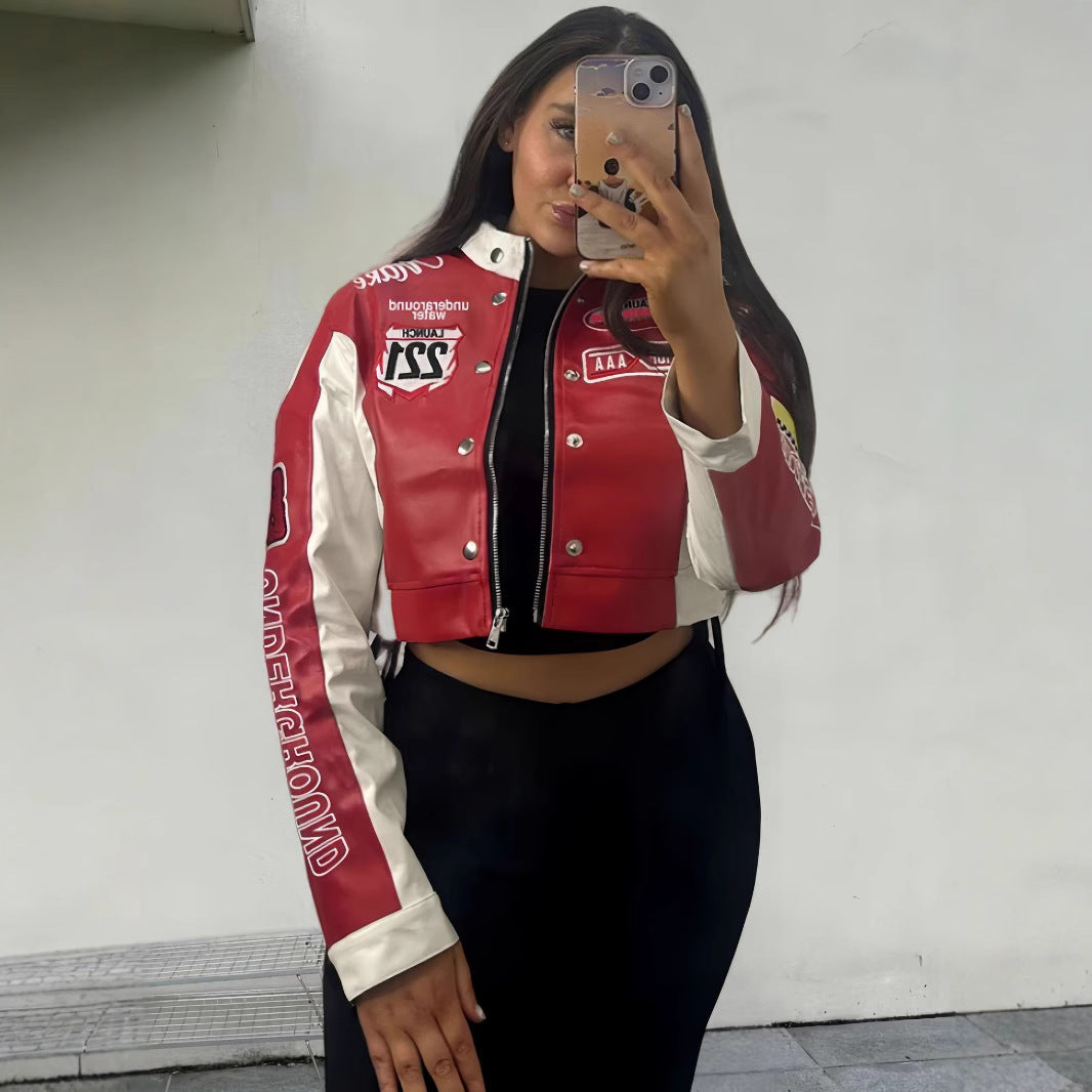 Damen trendige cropped Bikerjacke mit sportlichen Patches EB