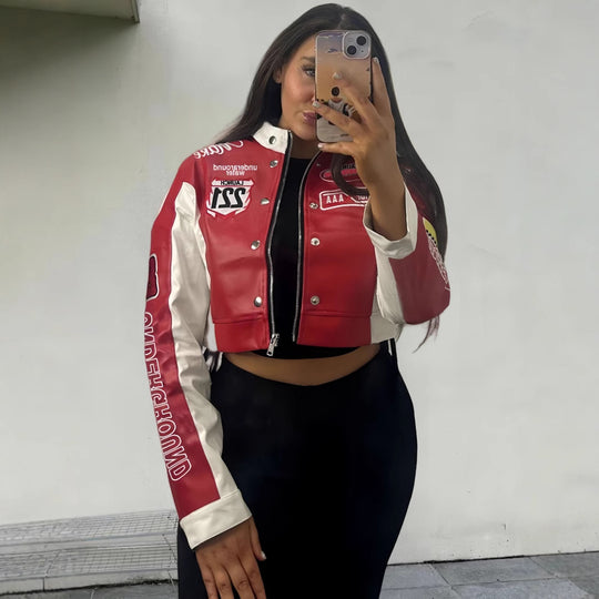 Damen trendige cropped Bikerjacke mit sportlichen Patches EB