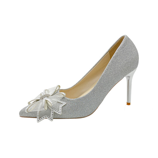 Damen eleganten High-Heels mit glitzerndem Schleifen-Detail EB
