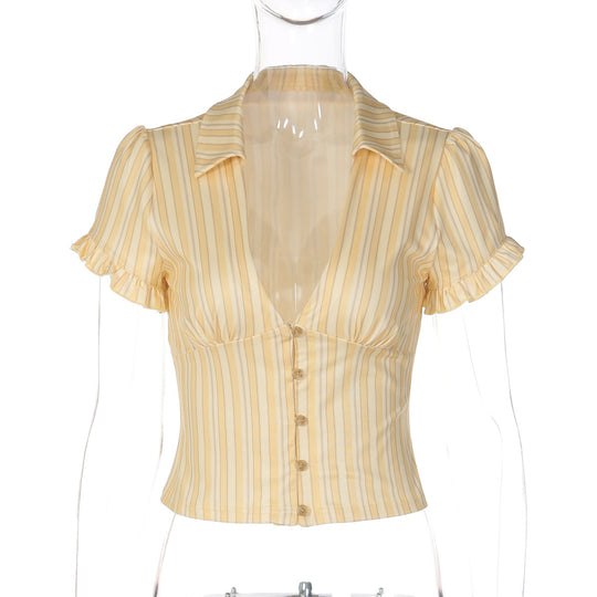 Damen Kurzarm Bluse mit Rüschendetails und V-Ausschnitt EB