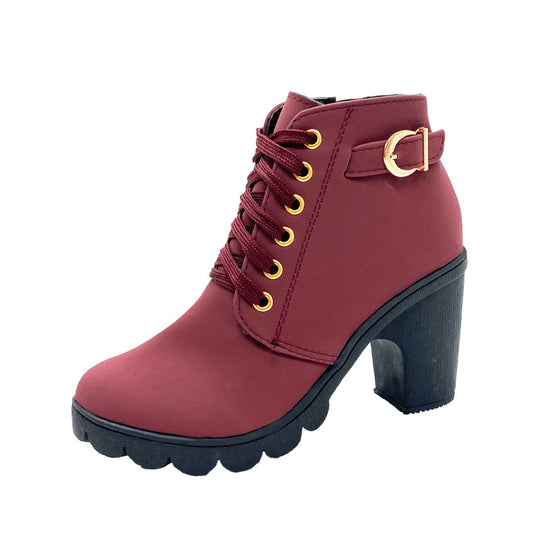 Damen nan elegante Schnür-Stiefelette mit mittlerem Blockabsatz, profilierter Gummilaufsohle und dekorativer Metallschnalle EB