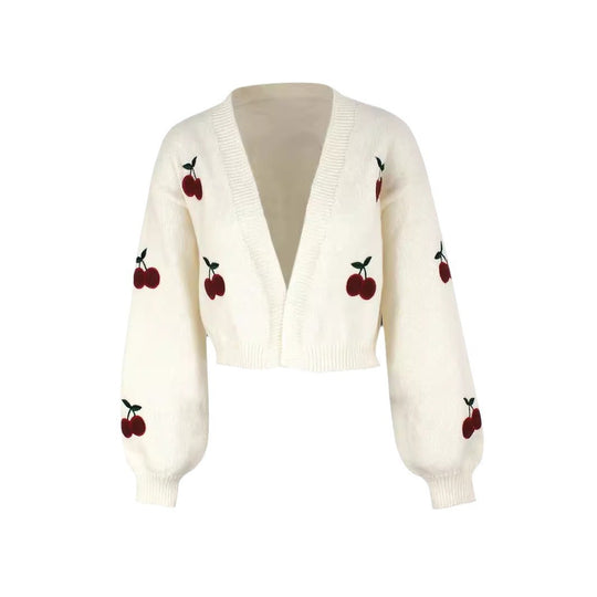 Damen Kurze Strickjacke mit fruchtiger Stickerei EB