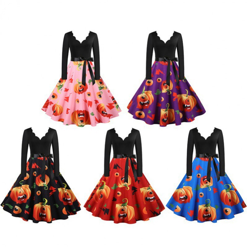 Damen Vintage Swing Kleid mit Halloween-Kürbis-Print und Taillengürtel EB