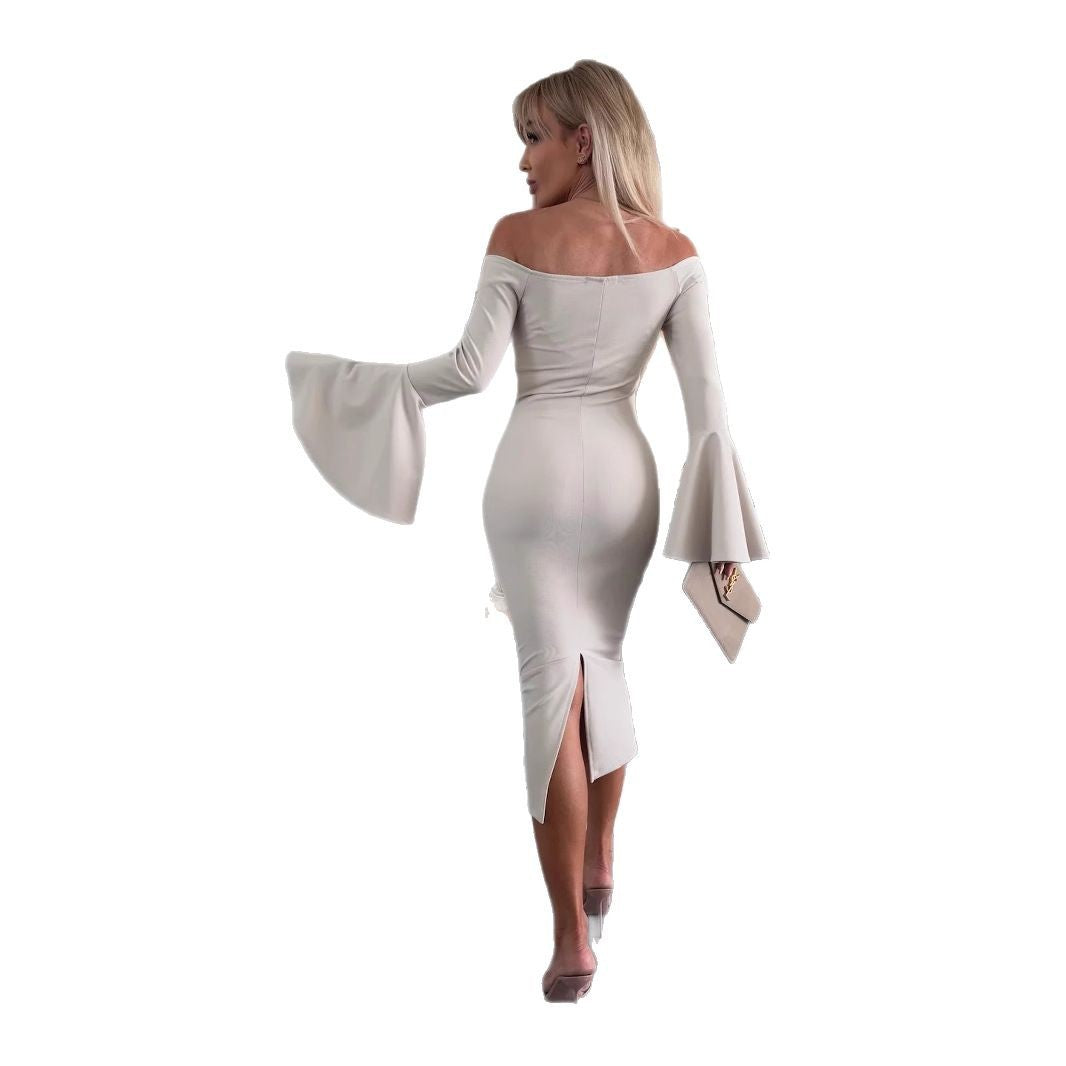 Damen Wickelkleid mit schulterfreiem Design und eleganten Trompetenärmeln EB
