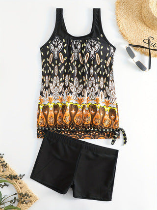 Damen Tankini-Set mit buntem Muster und bequemen Badeshorts EB