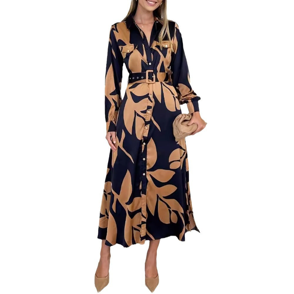 Damen nan elegantes Satin-Hemdkleid mit Taillengürtel, Brusttaschen und abstraktem Blattprint EB