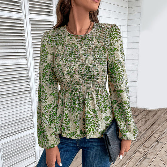 Damen Elegante Bluse mit raffiniertem Floral-Design und Puffärmeln EB