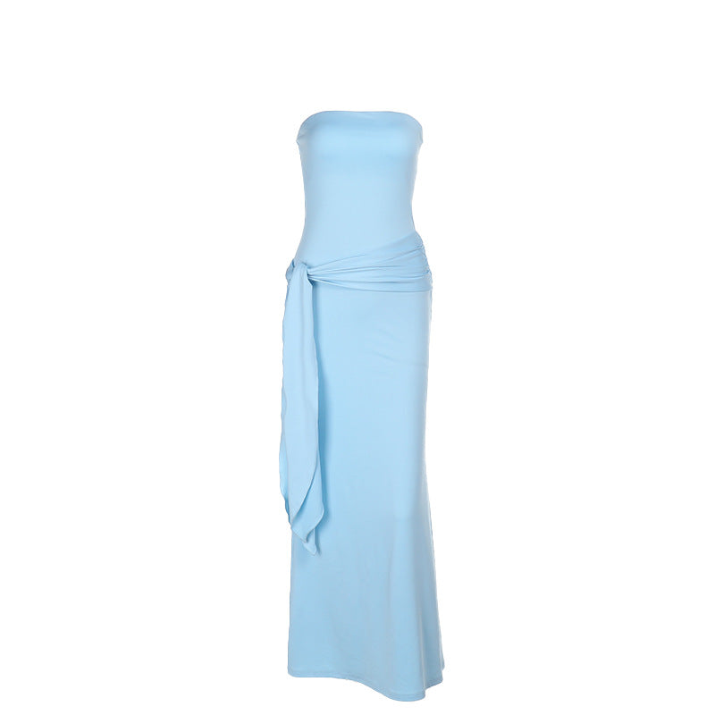 Damen elegantes Maxikleid mit schulterfreiem Design und drapierter Taille EB