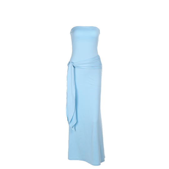 Damen elegantes Maxikleid mit schulterfreiem Design und drapierter Taille EB