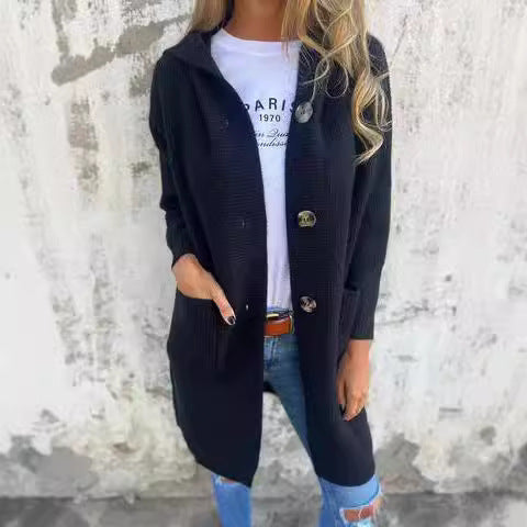 Damen Lange Strickjacke mit hochwertiger Rippstruktur und eleganten Knöpfen EB