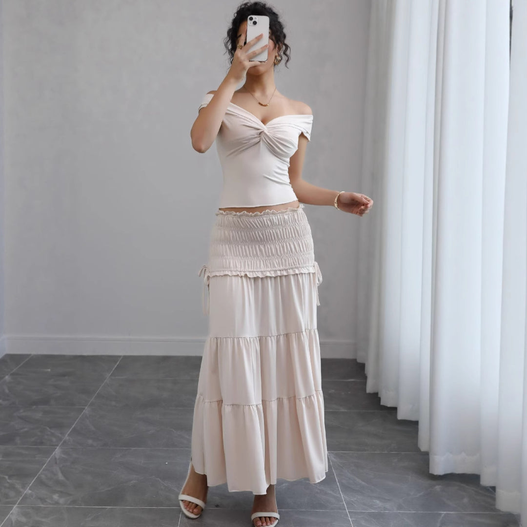 Damen Off-Shoulder Maxikleid mit gerafftem Rock und romantischem Design EB