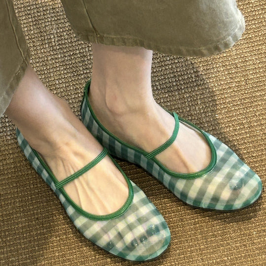 Damen Ballerinas mit modernem Karomuster und elastischem Riemchen EB