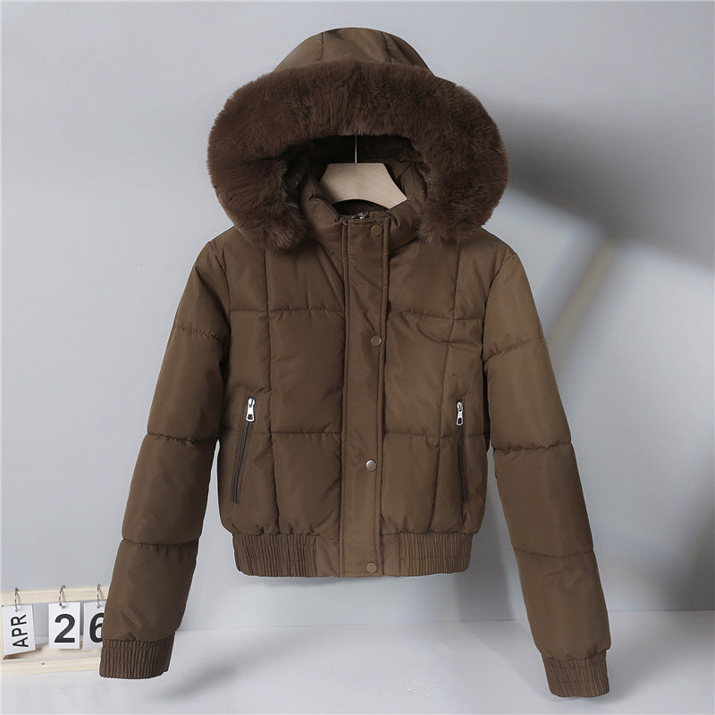 Damen nan kurzer isolierender Kapuzenblouson mit voluminöser Pelzkragenblende und elastischem Rippsaum EB