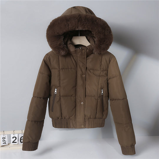 Damen nan kurzer isolierender Kapuzenblouson mit voluminöser Pelzkragenblende und elastischem Rippsaum EB