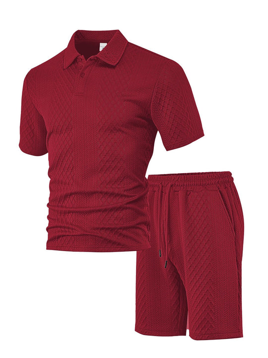 Herren nan geprägtes Waffel-Polo mit Kentkragen und elastischer Tunnelzugshorts im Set EB