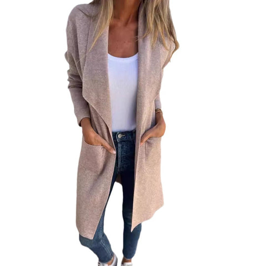 Damen Langer Strickcardigan mit offenen Kanten und Taschen EB