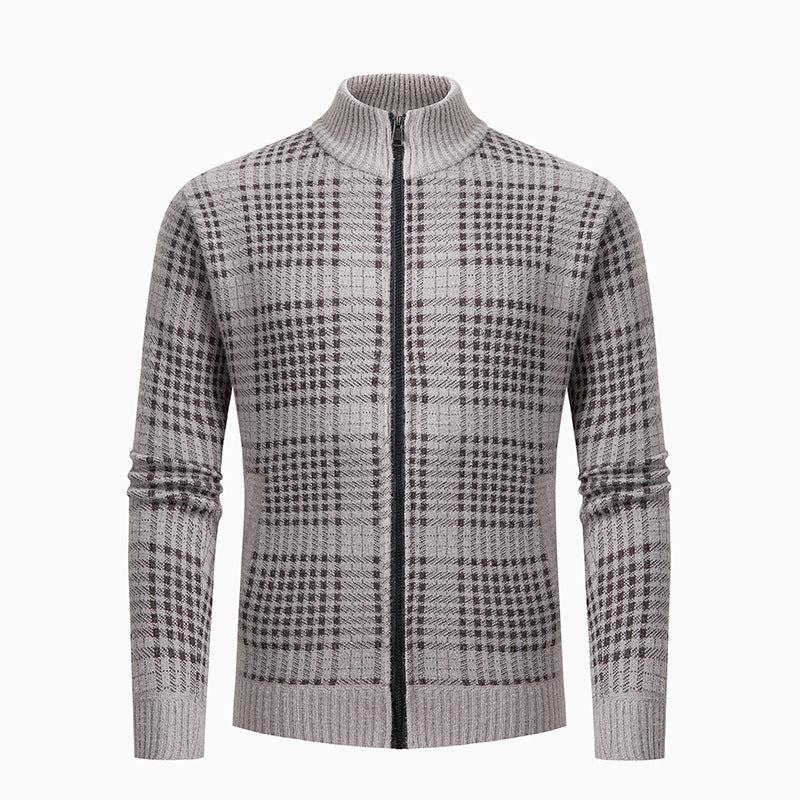 Herren modische Strickjacke mit modernem Karomuster und hohem Kragen EB