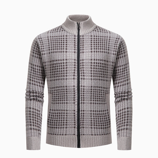 Herren modische Strickjacke mit modernem Karomuster und hohem Kragen EB