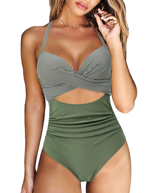 Damen Einteiler Badeanzug mit eleganter Wickel-Optik und hohem Taillenbund EB