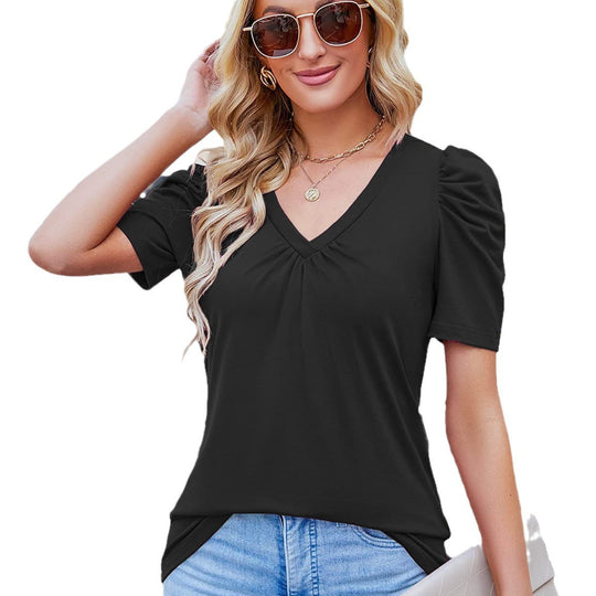 Damen V-Ausschnitt T-Shirt mit Puffärmeln EB