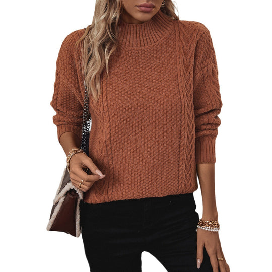 Damen Strickpulli mit auffälligem Zopfmuster und hohem Kragen EB