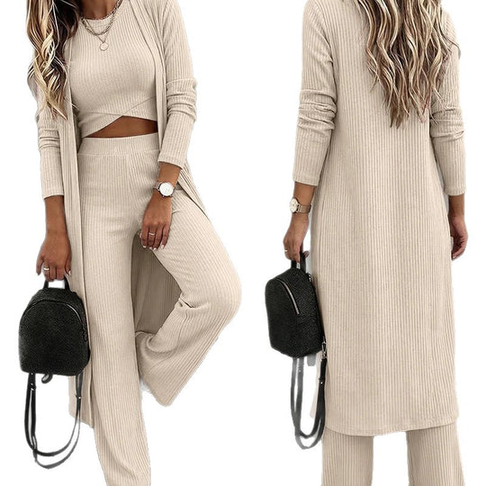 Damen Dreiteiliges Rippstrick-Loungewear-Set mit Longcardigan, bauchfreiem Top und weiter Palazzohose EB