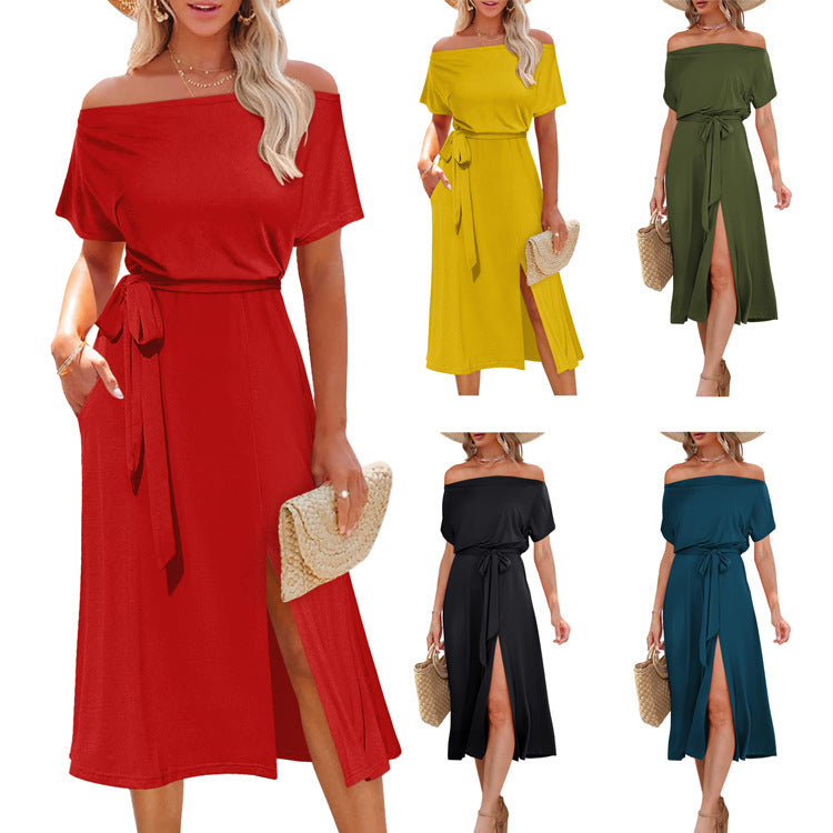 Damen Off-Shoulder Maxikleid mit Taillengürtel und seitlichem Schlitz EB