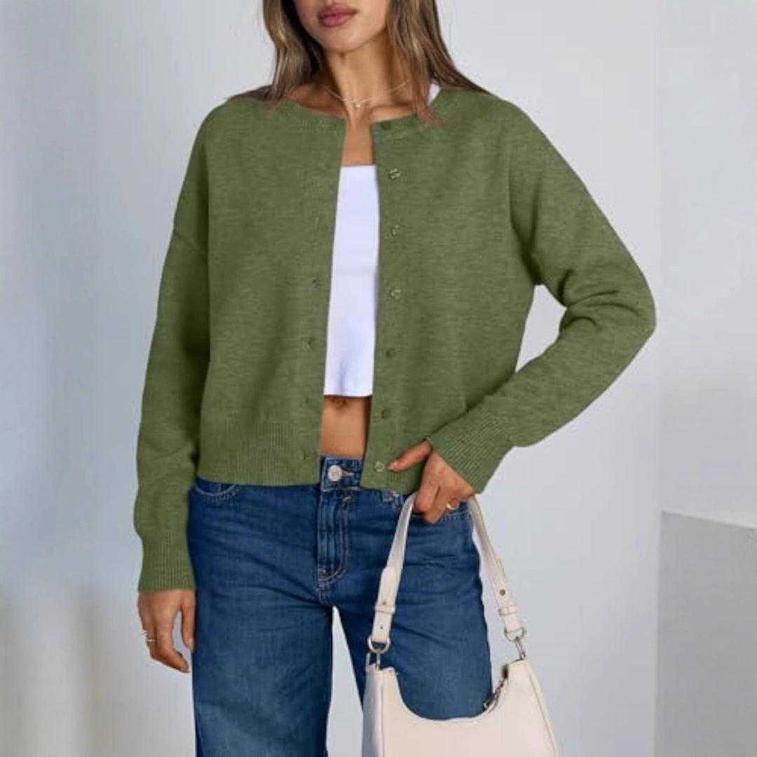 Damen Cropped Strickjacke im Boxy‑Schnitt mit Rundhals und Rippbündchen EB