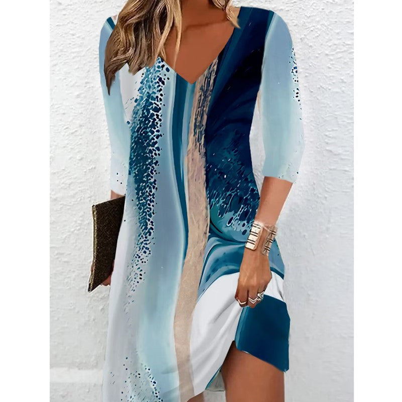 Damen V-Ausschnitt Kleid mit modernem Aquarellmuster EB