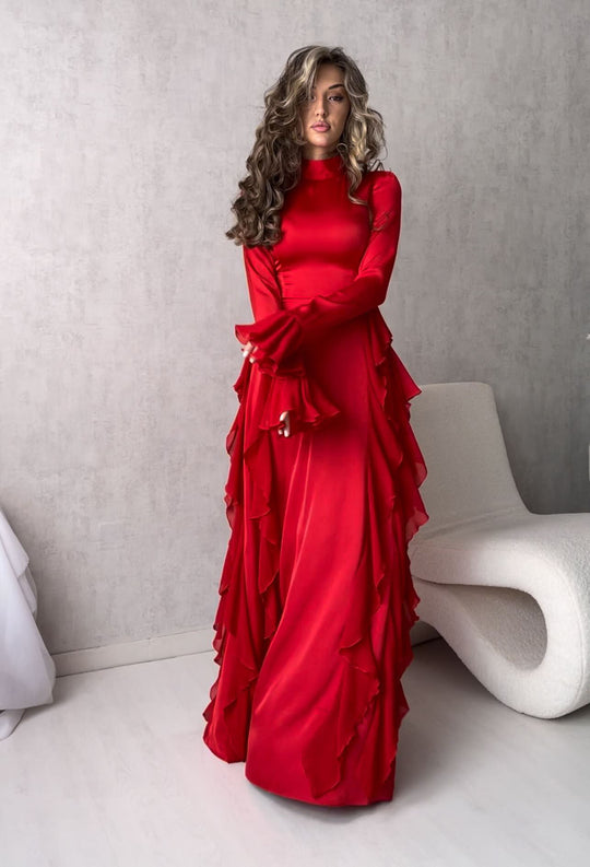 Damen Maxikleid im eleganten Rüschendesign mit Langarm EB