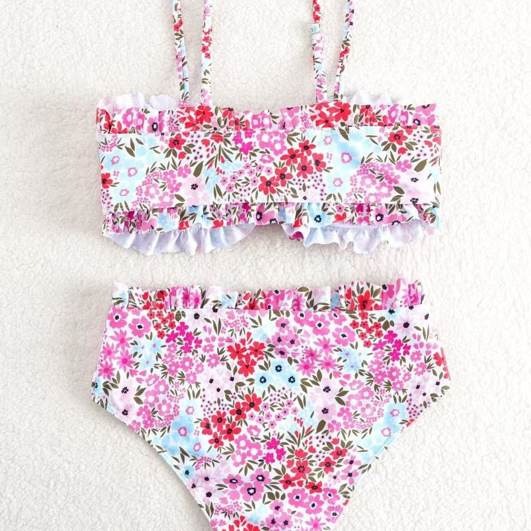 Damen Bikini-Set mit fröhlichem Blumenmuster und gerafftem Bustier EB