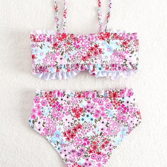 Damen Bikini-Set mit fröhlichem Blumenmuster und gerafftem Bustier EB