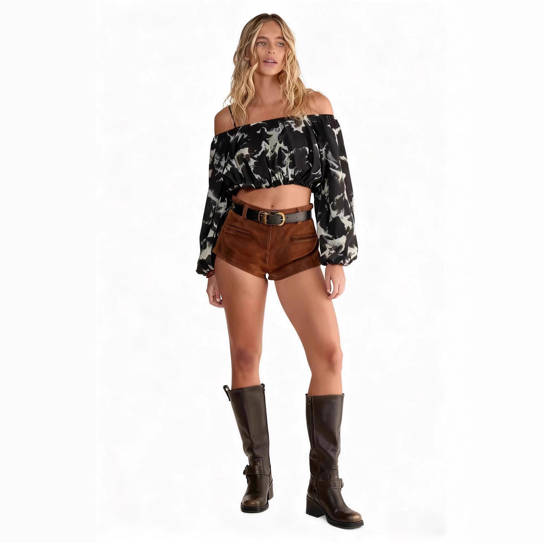 Damen trendige Schulterfreie Bluse mit voluminösen Ärmeln und eleganten Details EB